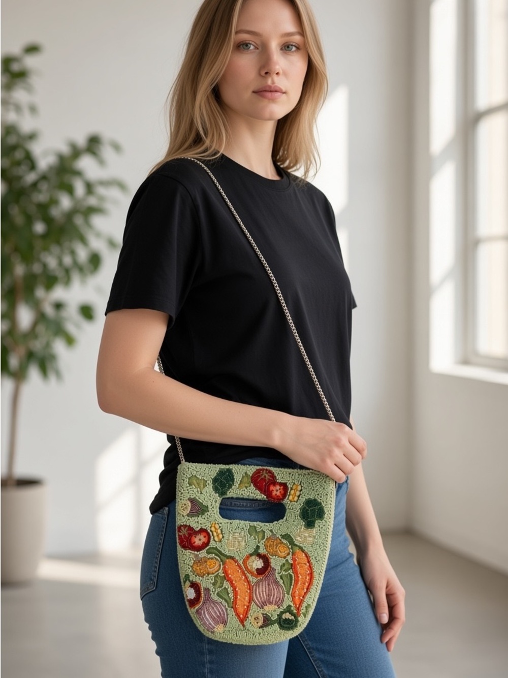 Embroidered Vegetable Crossbody Bag in Sage Green